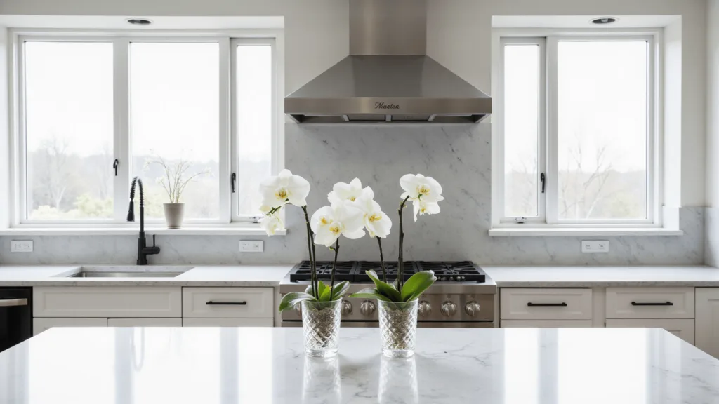 "Sunlit modern kitchen with white quartz countertops, black hardware, gray marble backsplash, and white orchids in glass vases"