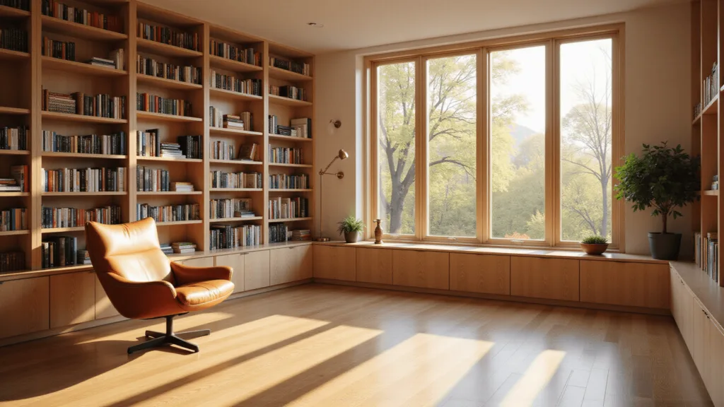 "Modern home library with floor-to-ceiling white oak shelves, a leather chair, and golden sunlight casting natural shadows"