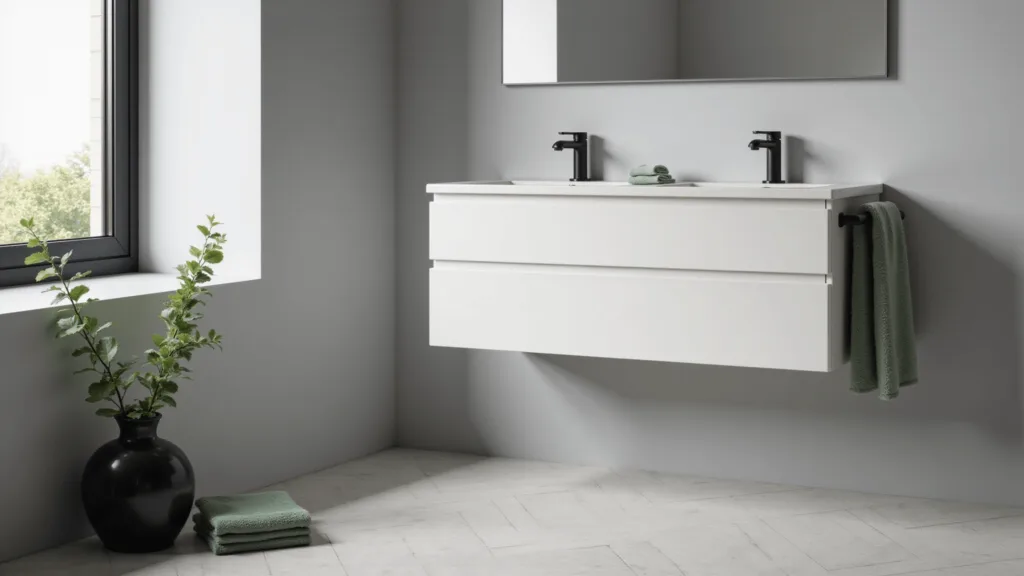 "Modern minimalist bathroom with floating vanity, black fixtures, marble herringbone floor, and eucalyptus arrangement bathed in morning light"