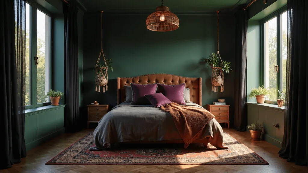 "Moonlit Boho bedroom with emerald walls, velvet bed, vintage Persian rug, rattan lamp, brass accents and hanging macramé plants"