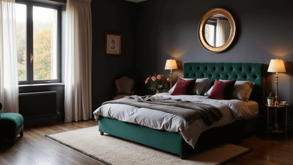 "Luxurious bedroom with dark walls, velvet headboard, brass accents, and gold sunlight filtering through sheer curtains"