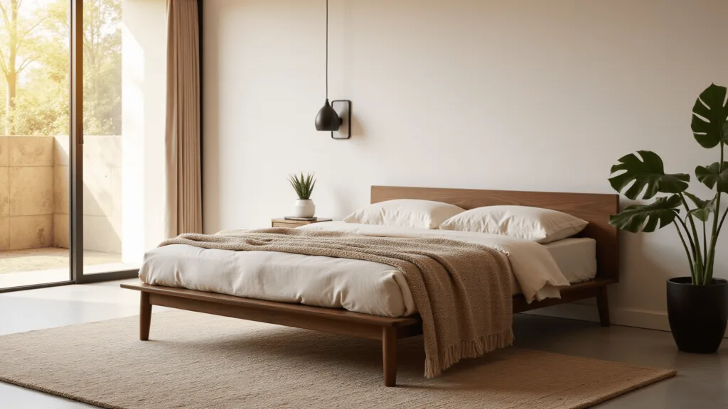 "Serene modern bedroom with a walnut bed, cream and beige linen bedding, and natural light filtering through floor-to-ceiling windows"