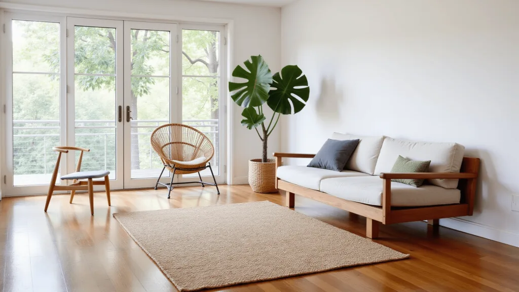 "Sunlit minimalist living room with teak sofa, rattan chair, fiddle leaf fig plant, and beige jute rug"