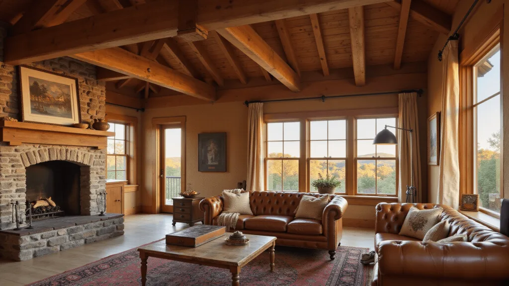 "Rustic barn house interior with wooden beams, leather sofa, and stone fireplace during golden hour"