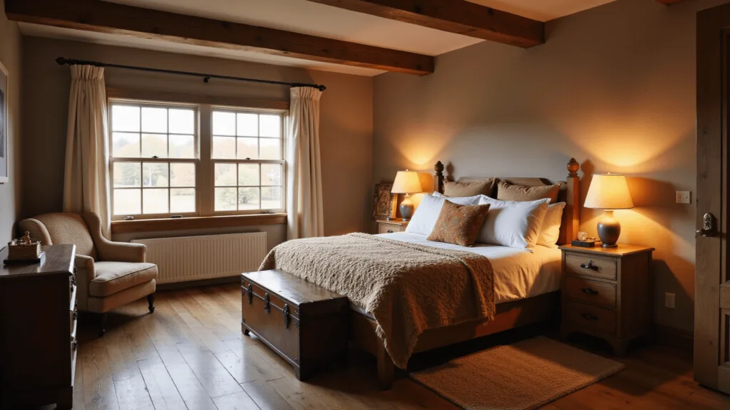 "Cozy rustic guest room with a king-size bed, exposed wooden ceiling beams, and vintage leather trunk in warm, atmospheric lighting"