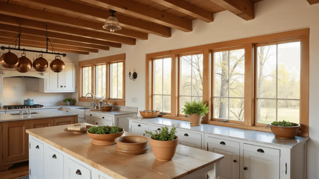 "Sunlit rustic farmhouse kitchen with exposed wood beams, white cabinets, marble island, vintage copper cookware, fresh herbs on butcher block counter in the morning light"