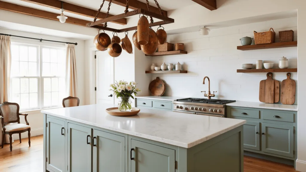 "Sunlit farmhouse kitchen with white shiplap walls, oak floors, hanging vintage copper pots, and rustic wooden beams with antique pendant lights and artisanal pottery on display"