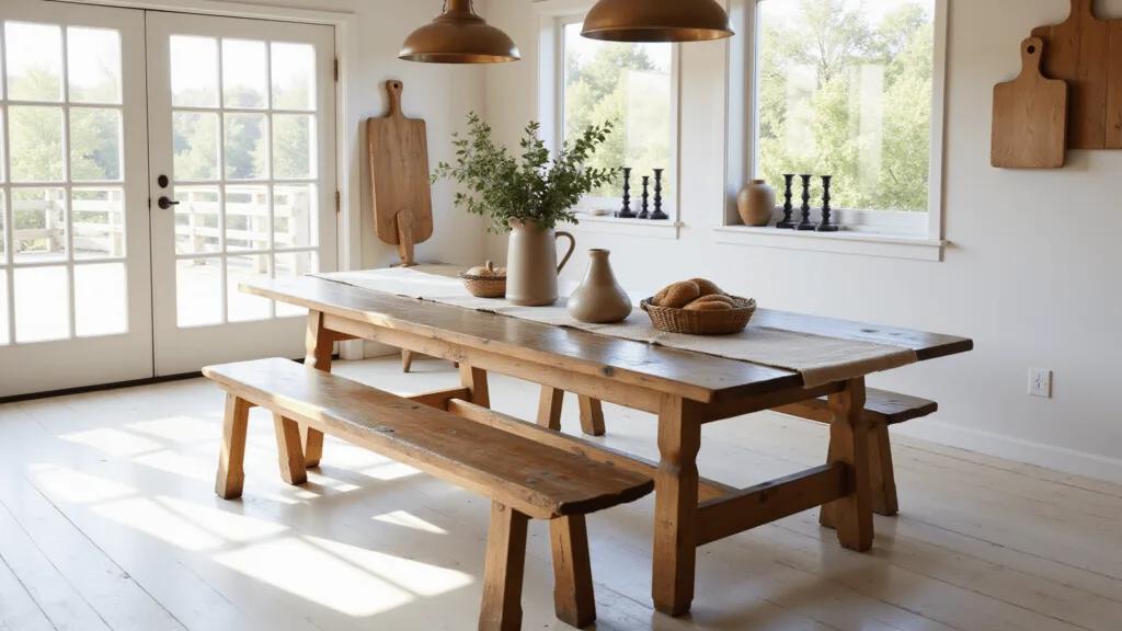 "Rustic farmhouse dining table setup with eucalyptus in a ceramic pitcher, a linen runner, cutting boards, under warm morning light"