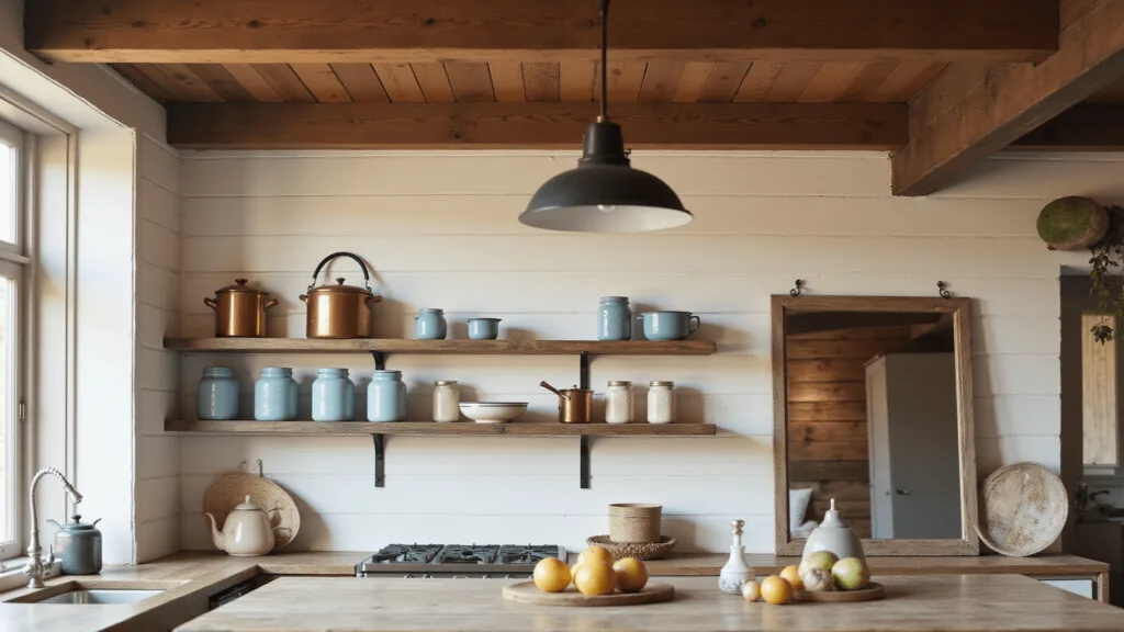 "Rustic farmhouse kitchen with vintage decor on wooden shelves, including copper pots, mason jars, and enamelware, with sunlight streaming through windows"