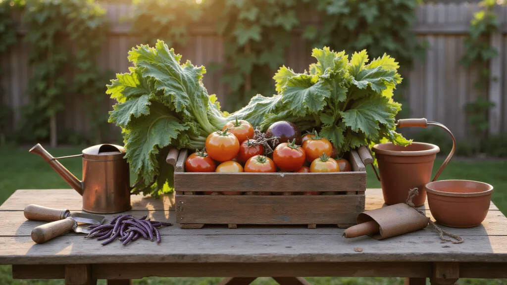 "Freshly harvested vegetables in a rustic wooden crate on garden table during golden hour"