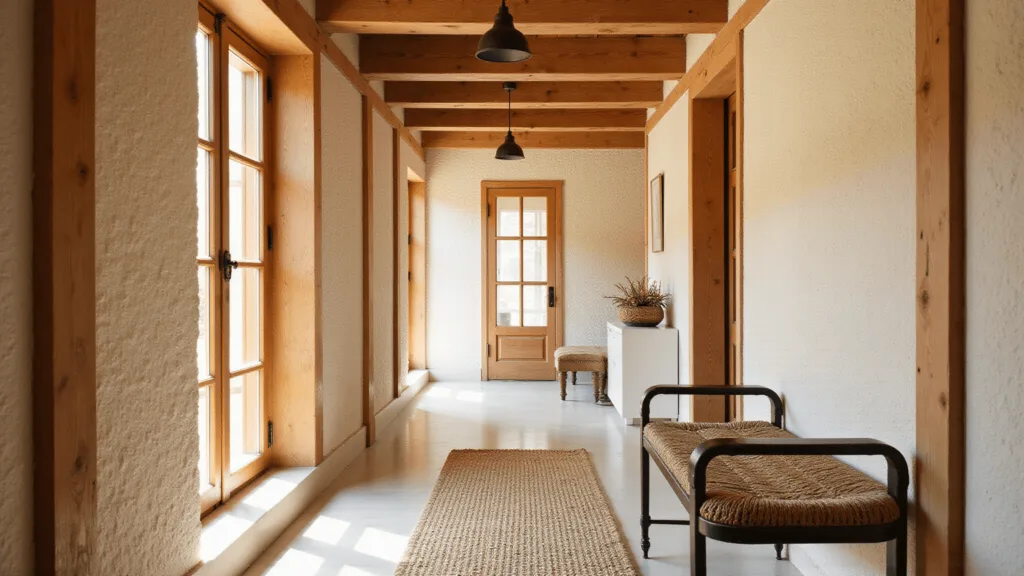 "Rustic hallway interior with wooden beams, textured wallpaper, a vintage bench, a handwoven runner, and wrought iron details, bathed in warm sunlight streaming through windows"