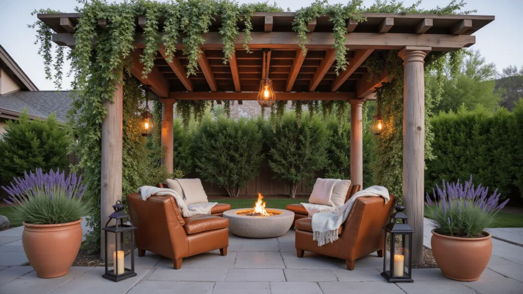 "Serene backyard at golden hour with weathered pergola, vintage lanterns, leather armchairs around a stone fire pit and potted plants in earthy tones, under dramatic natural lighting"