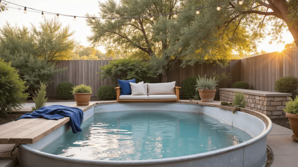 "Golden hour in a serene backyard with a steel stock tank pool, cedar bench, blue mudcloth throws, neutral pillows, herb-filled terracotta pots, and warm, ambient string lights overhead"
