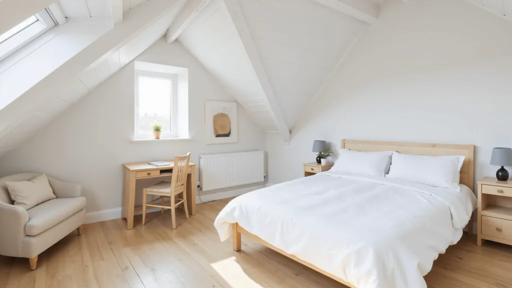 "Scandinavian style attic bedroom with white beams, light oak flooring, minimalistic furniture, and warm sunlight through dormer windows."