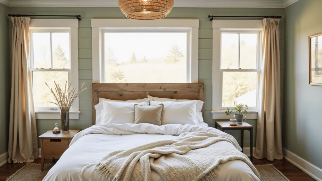 "Sage green farmhouse bedroom with natural light, shiplap walls, linen bedding, vintage decor, and morning glow"