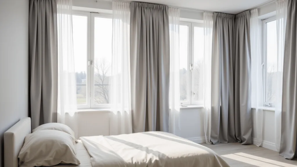 "Serene bedroom with light grey curtains in soft morning light, minimalist cream bed, and white walls"
