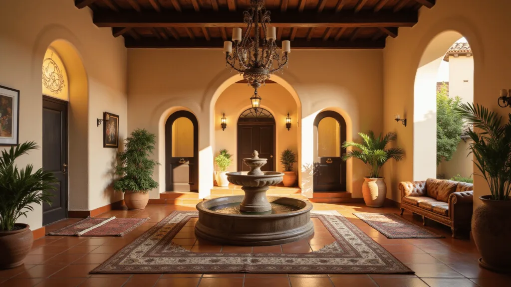 "Spanish revival courtyard with arched doorways, dark wooden beams, Andalusian tiles, central fountain, wrought iron chandelier, terracotta flooring, Persian rugs, and Mediterranean plants in warm golden light."