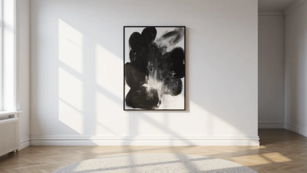 "Sunlit minimalist interior with white walls and black and white artwork in morning glow"