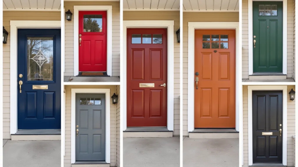 "Front doors of different colors on tan houses in a modern digital collage"