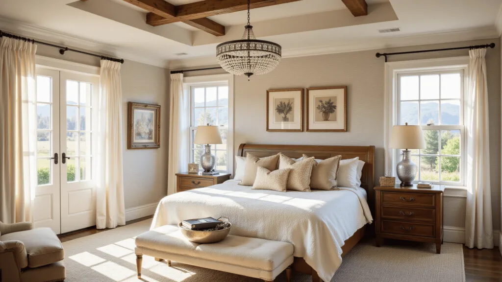 "Luxurious master bedroom with neutral colors, walnut nightstands, mercury glass lamps, crystal chandelier, and floor-to-ceiling windows"