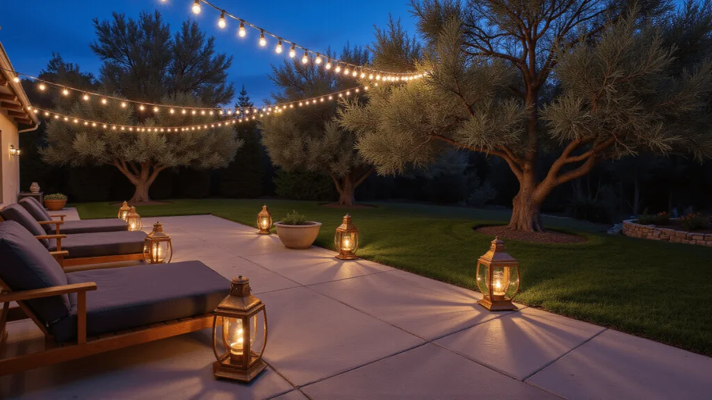 "Twilight garden with warm string lights, Moroccan lanterns, stone pathway, and olive trees"