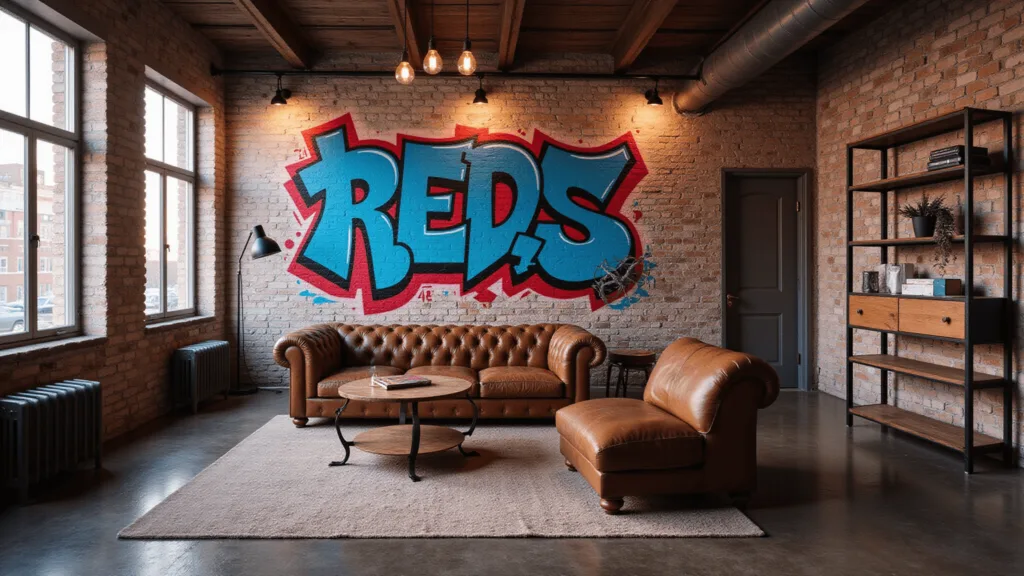"Urban industrial loft living room with graffiti mural, exposed brick walls, vintage leather sofa, metal fixtures, and neon accents in natural, golden hour lighting."
