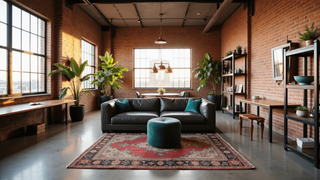 "Urban loft interior with exposed brick walls, concrete floors, leather sectional, industrial shelving, wooden dining table, and copper lights during golden hour"