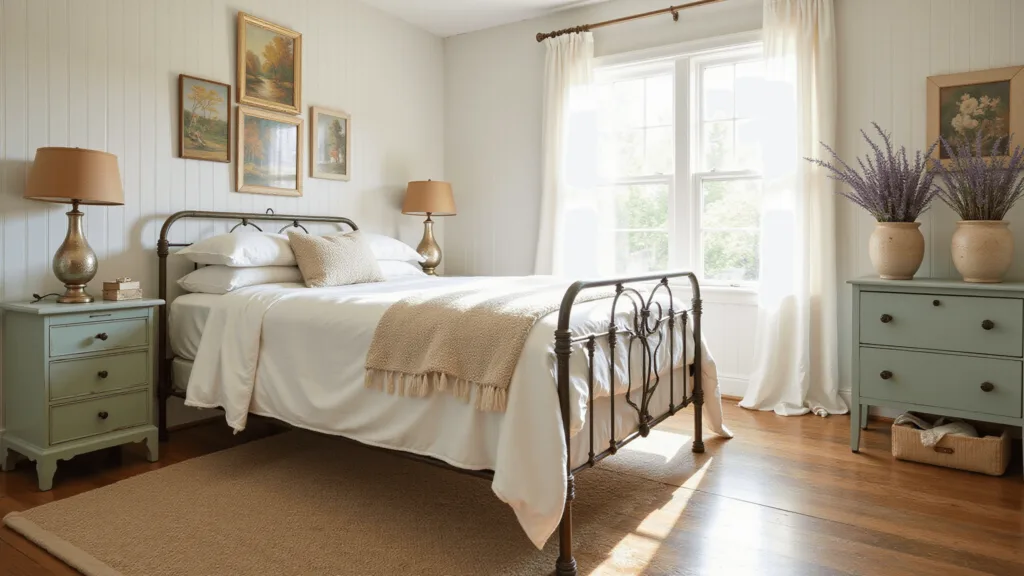 "Vintage cottage bedroom with an iron bed, white linens, green dresser, beadboard walls, hardwood floors, and a gallery wall of oil paintings in soft natural light"