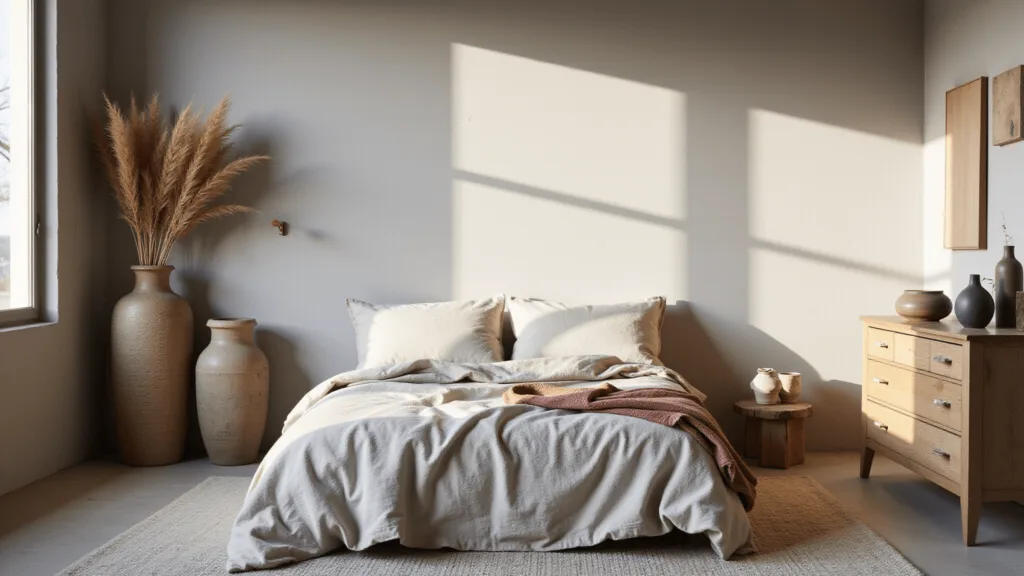 "Wabi Sabi bedroom with natural linen bedding, handmade ceramics, and weathered oak furniture in soft morning light"