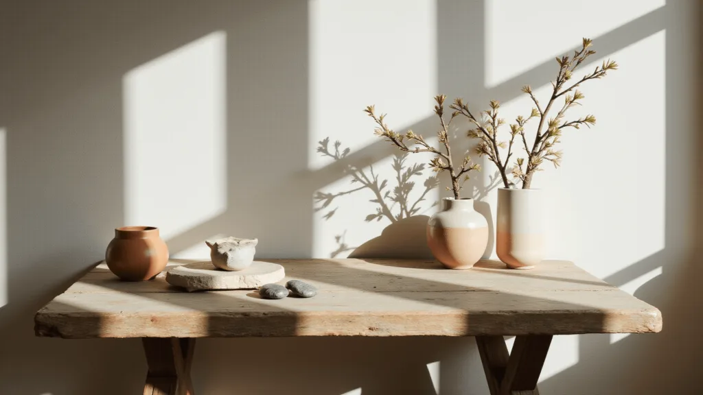 "Sunlit side table with handmade ceramics, dried eucalyptus branches, and river stones in earthy tones shot at a 45-degree angle"
