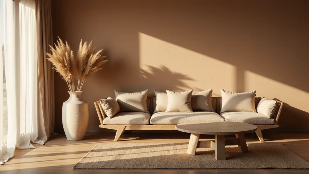 "Serene wabi-sabi styled living room with earth tones and natural light"
