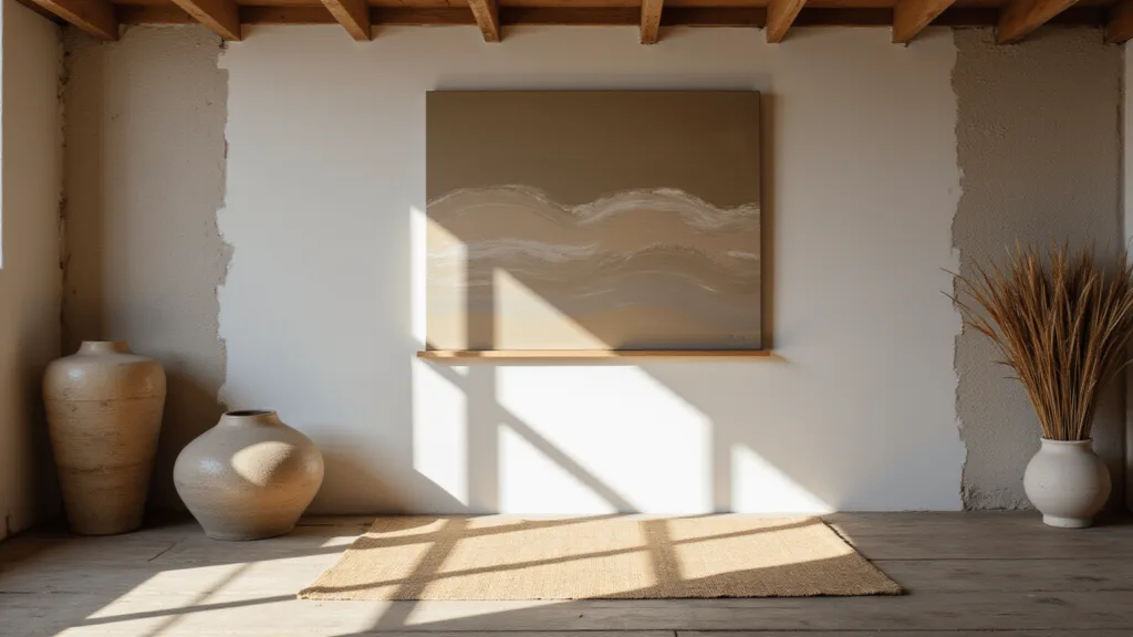 "Serene art studio with large Wabi Sabi painting, wooden floors, ceramic vessels, dried pampas grass, and bamboo mat in natural morning light"
