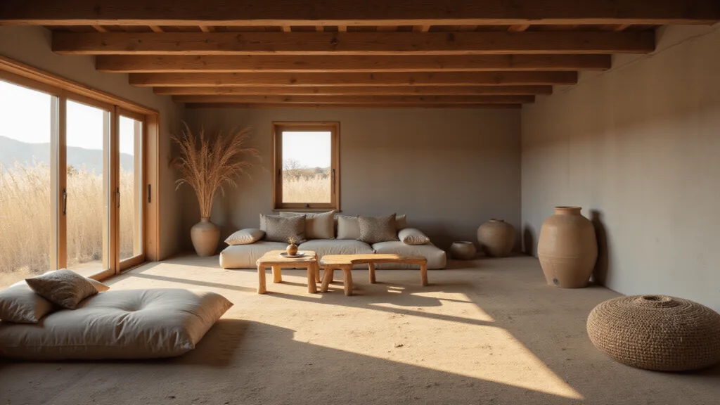 "Sunlit Japanese-inspired living room with weathered wooden beams, handmade ceramic vessels, natural linen cushions, dried pampas grass and uneven clay flooring in muted earth tones."