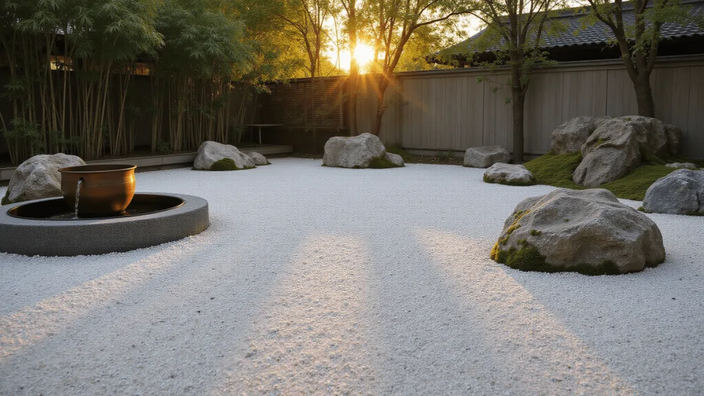 "Serene Japanese Zen garden at sunset with raked gravel, granite boulders, bamboo shadows, and a trickling water basin"