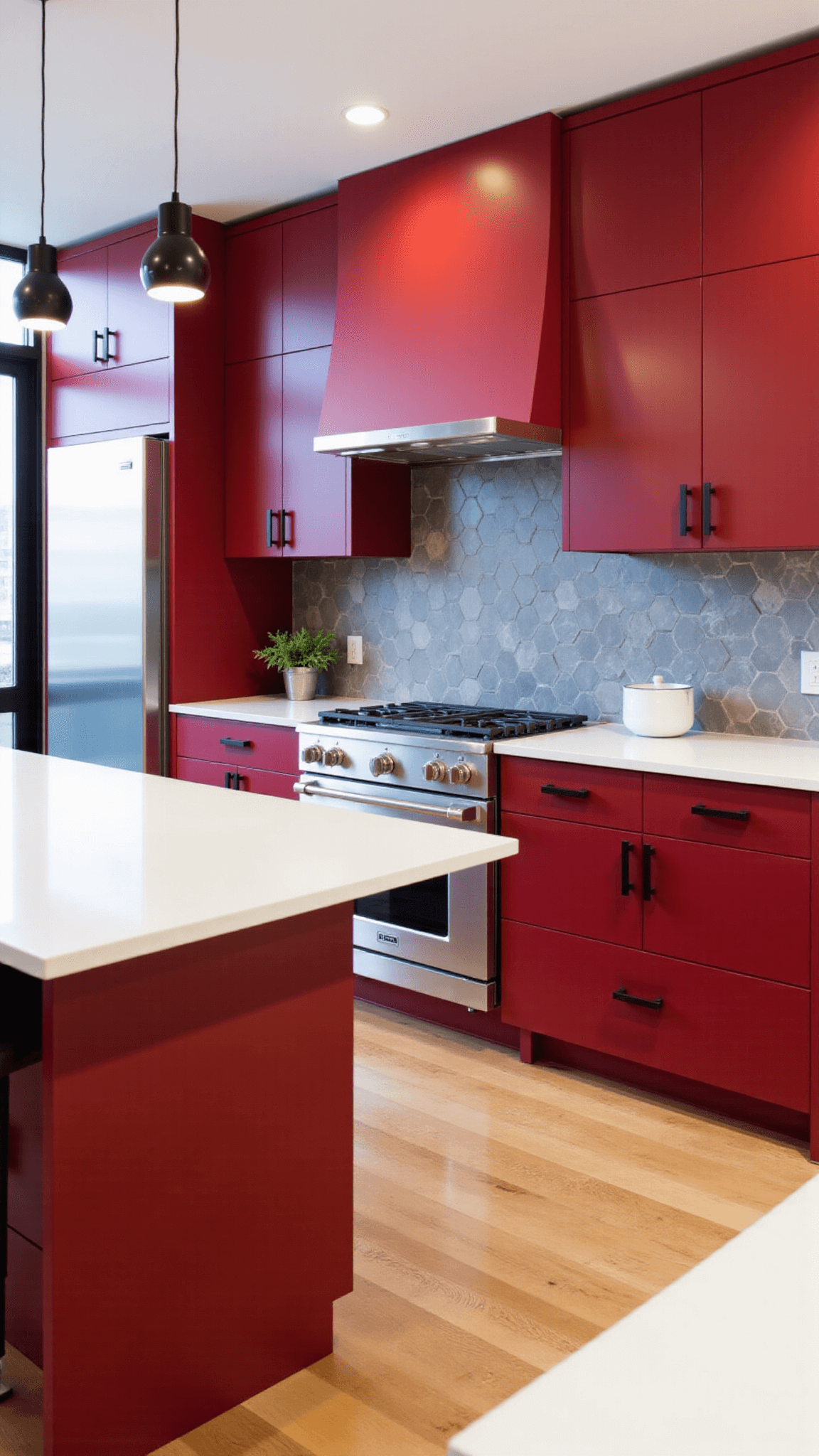 Modern kitchen with cherry red cabinets, white quartz island, stainless appliances, black pendant lights, and a gray marble hexagon backsplash. The room is filled with morning light from floor-to-ceiling windows.