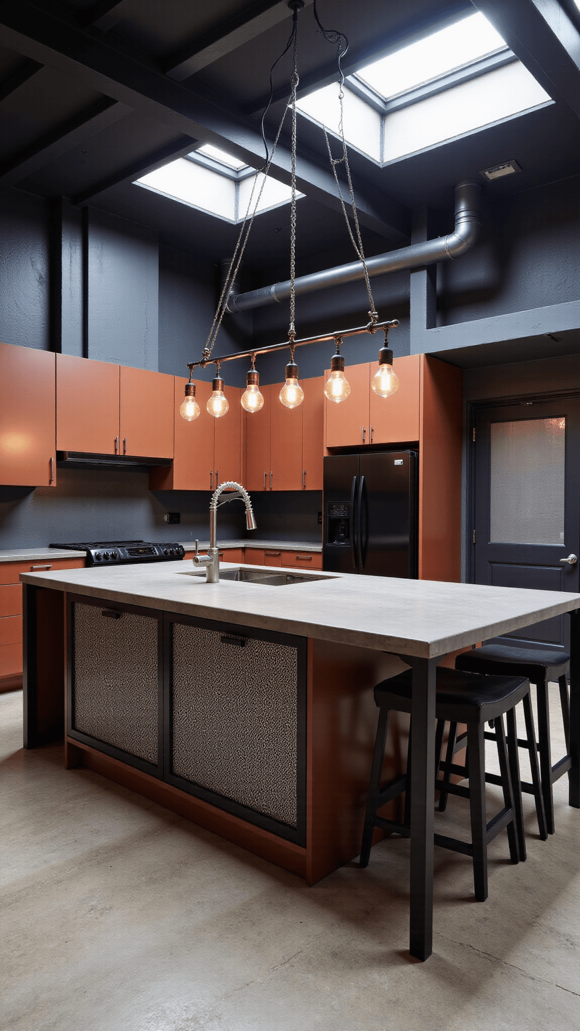 Urban sophisticated loft kitchen with matte terra cotta cabinets, blackened steel frames, and polished concrete countertops under skylights, illuminated by Edison bulb pendant light cluster.