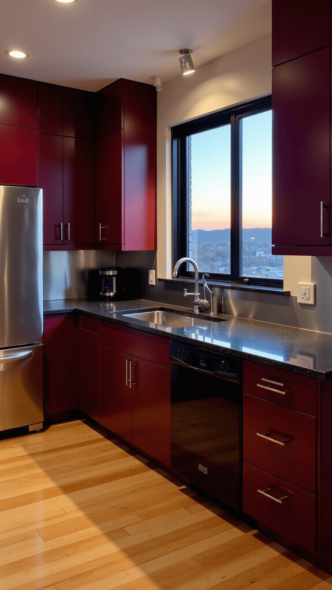 Contemporary kitchen with wine-red cabinets, black granite countertops, mirrored stainless backsplash and minimalist bar stools, bathed in sunset glow from a window wall, shot from a diagonal angle with dramatic side lighting.