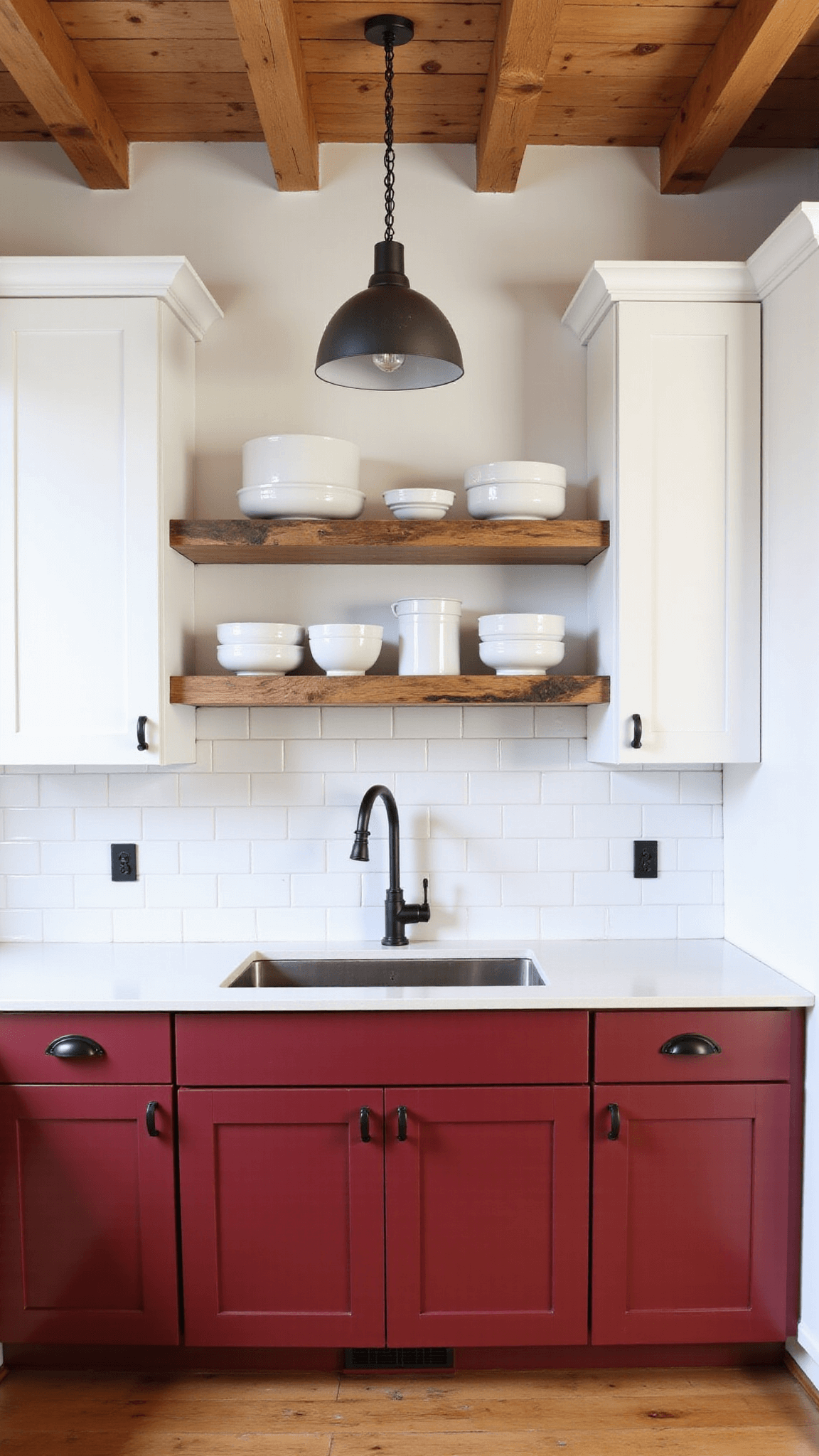 Modern rustic kitchen with barn red lower cabinets, wooden ceiling beams, live-edge floating shelves, white subway tile backsplash, black iron hardware, and concrete pendant lights in natural midday light; exhibits contemporary farmhouse atmosphere.