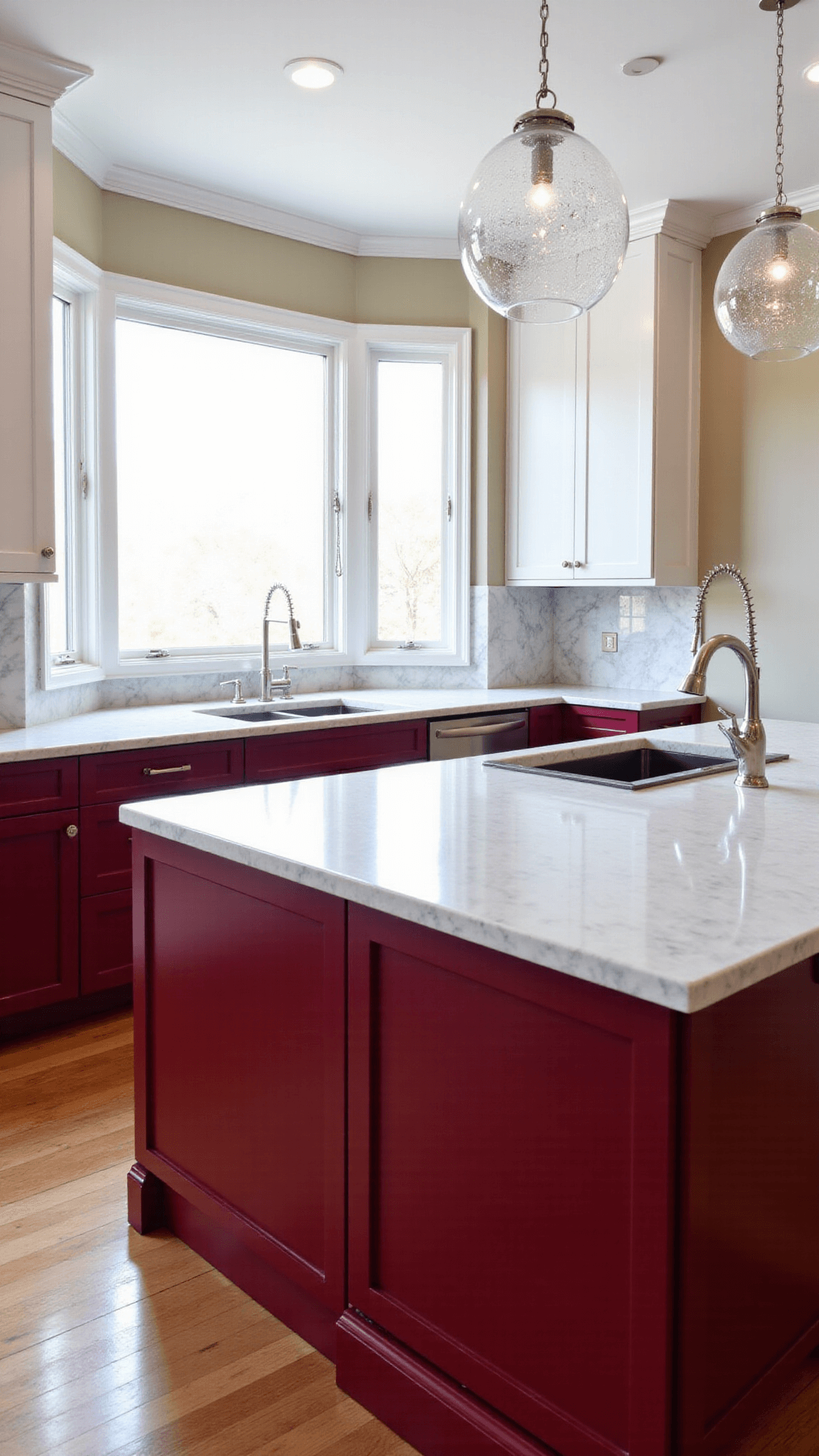 Early morning sunlight illuminating a transitional 16'x22' kitchen with a ruby red island contrasting against warm white perimeter cabinets, marble countertops, a bay window breakfast nook, and polished nickel hardware under a glass globe chandelier cluster.
