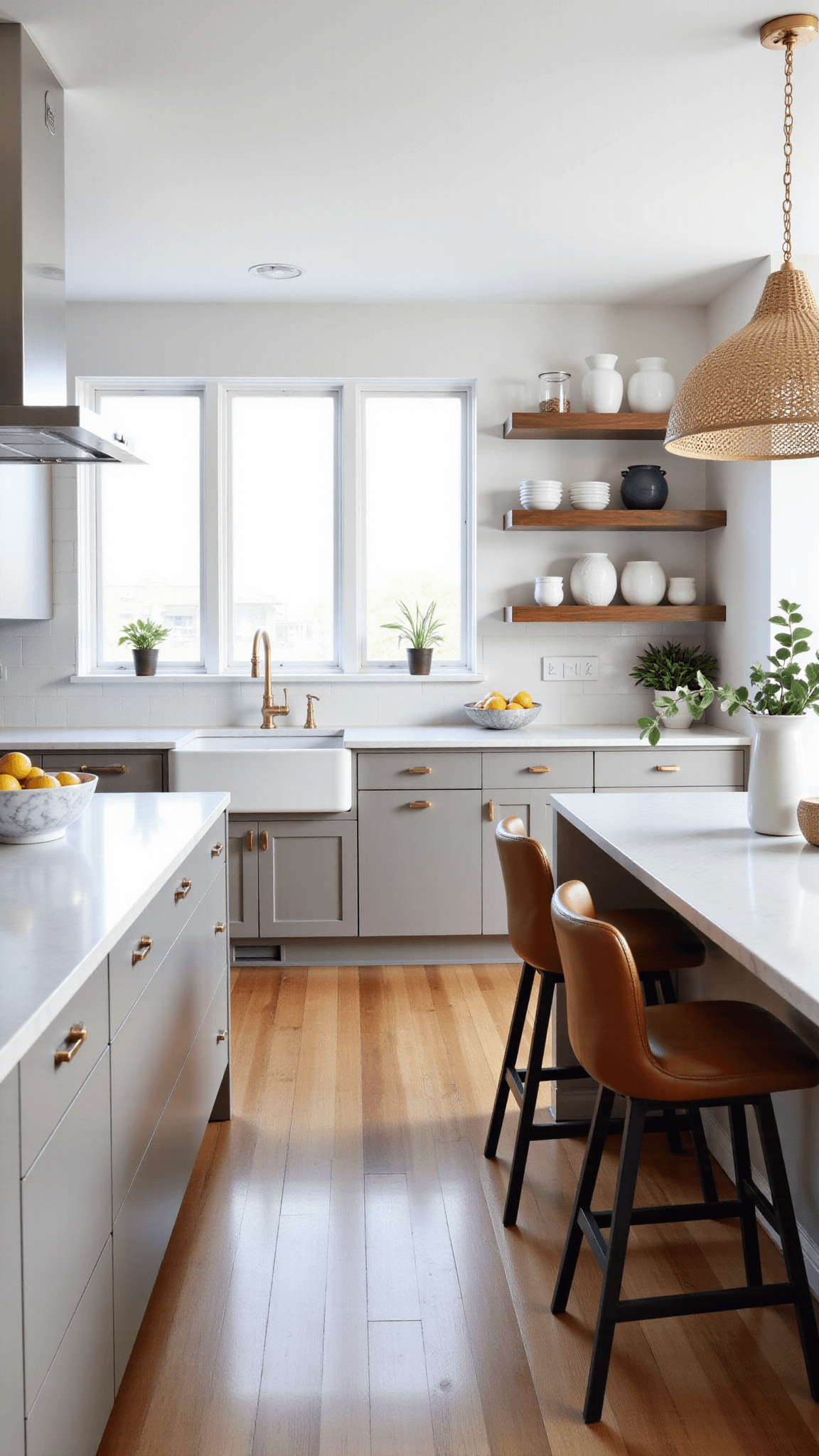 Sunlit spacious modern neutral kitchen with large windows, quartz countertops, minimalist brass hardware, casual seating at the island, and styled with a marble bowl of lemons and eucalyptus