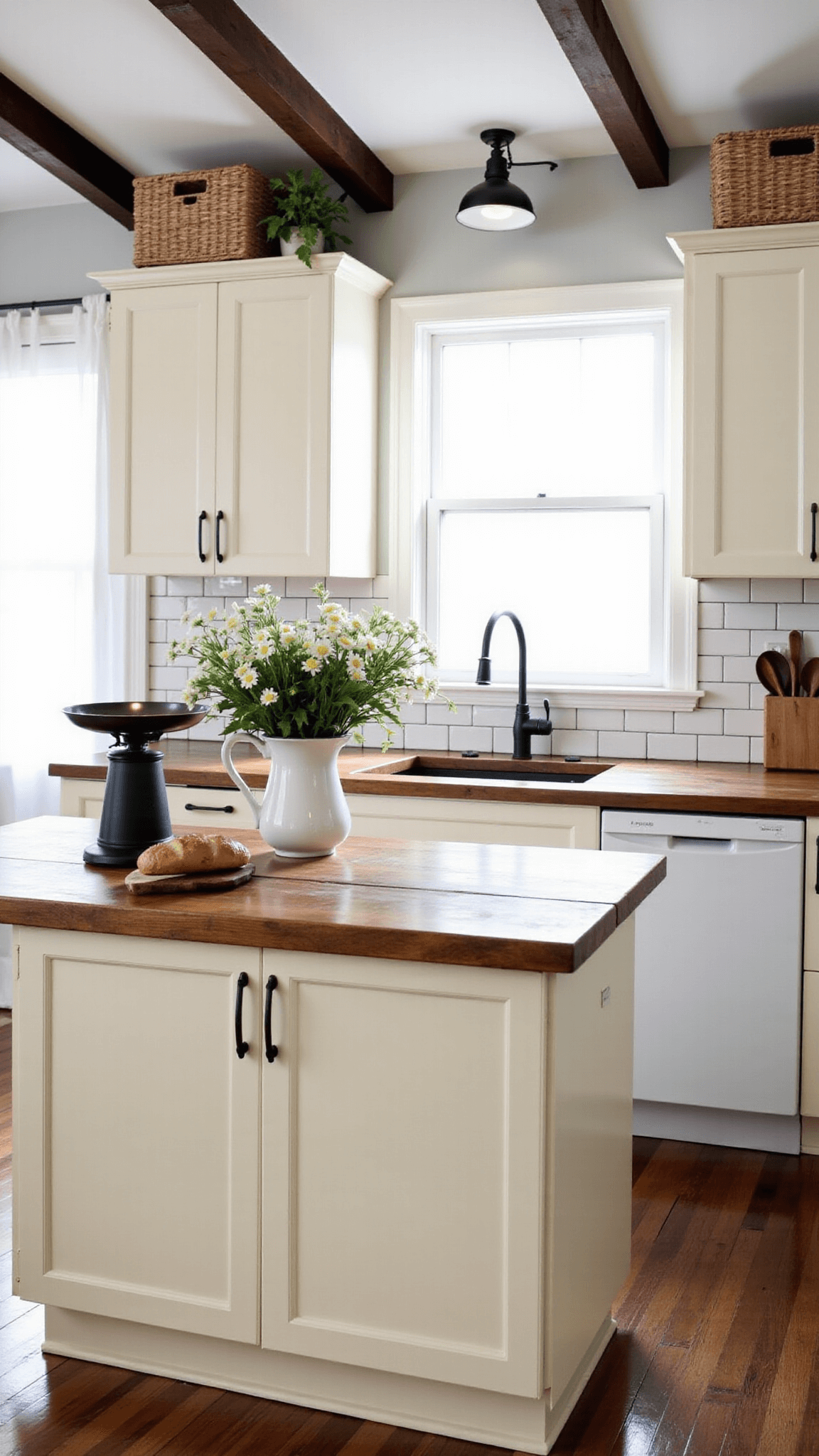 Cozy farmhouse kitchen with cream shaker cabinets, butcher block island, and vintage decor illuminated by morning light