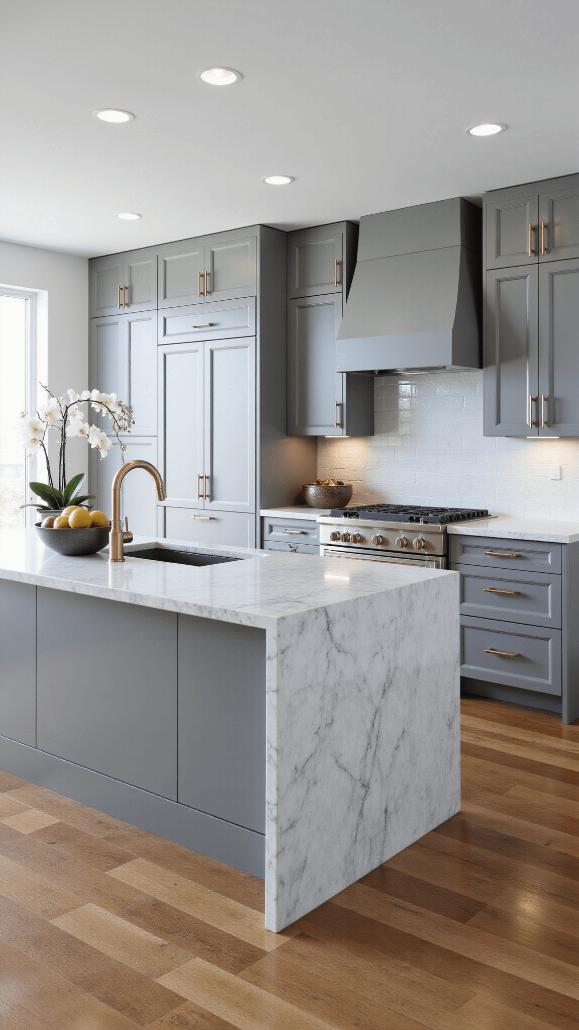 Executive-style grey kitchen suite with dramatic tinted windows, marble waterfall island, chrome and glass features, and oak flooring highlighted by professional lighting.