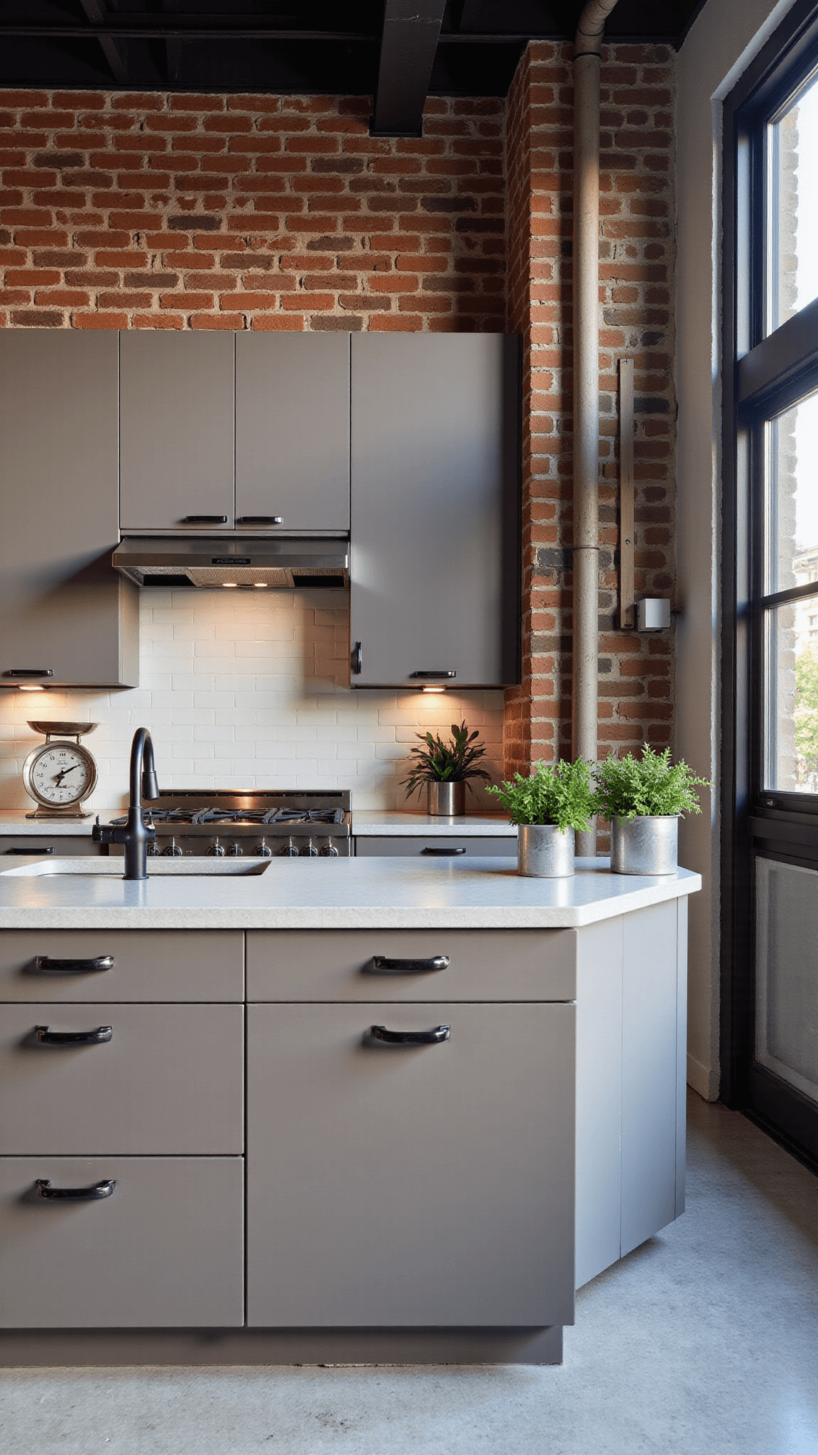Neutral toned industrial chic loft kitchen featuring taupe flat-panel cabinets, stainless steel appliances, concrete countertops and unique styling items such as vintage scales and zinc planters.