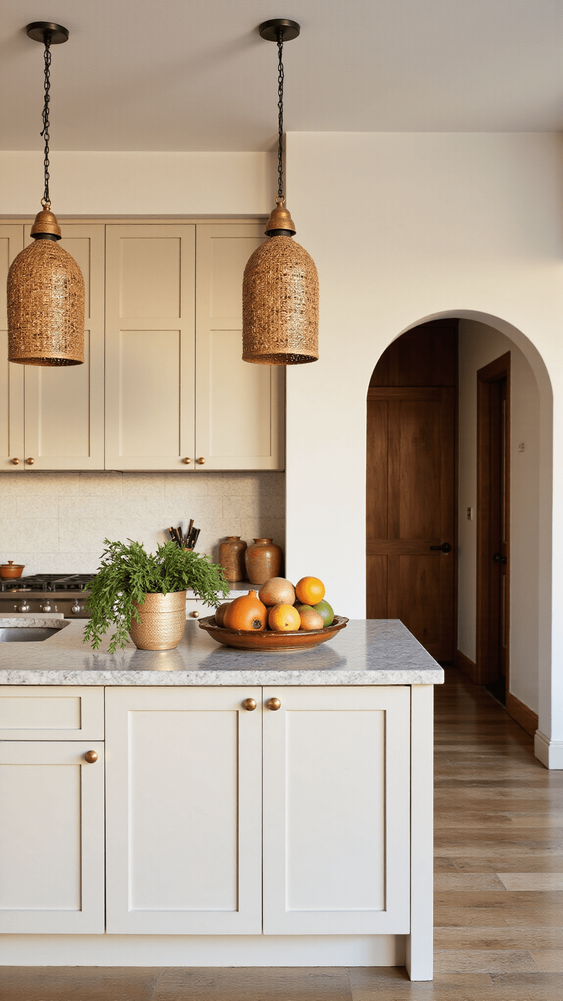 Open-concept Bohemian Neutral Kitchen with greige cabinets, cream Zellige tile backsplash, styled island with pottery and plants, Moroccan pendant lights and layered textures of rattan, ceramic, copper, and natural fibers.