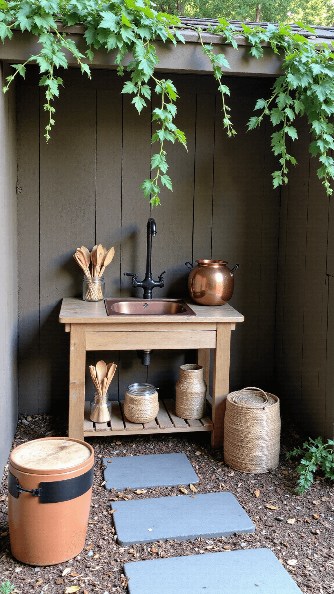 Early morning scene in a 6x8ft garden alcove with soft mist, featuring a handcrafted wooden mud kitchen with recycled sink basin, surrounded by morning glory vines and antique copper pots under the first light. Fallen leaves and wooden sensory tools scatter on stone pavers leading to the kitchen, with woven grass baskets and twine-wrapped jars adding natural elements.