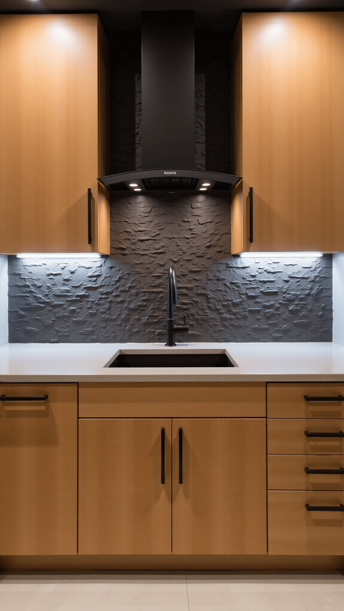 Modern minimalist kitchen featuring hickory cabinets, concrete counters, and under-cabinet LED lighting at twilight hour