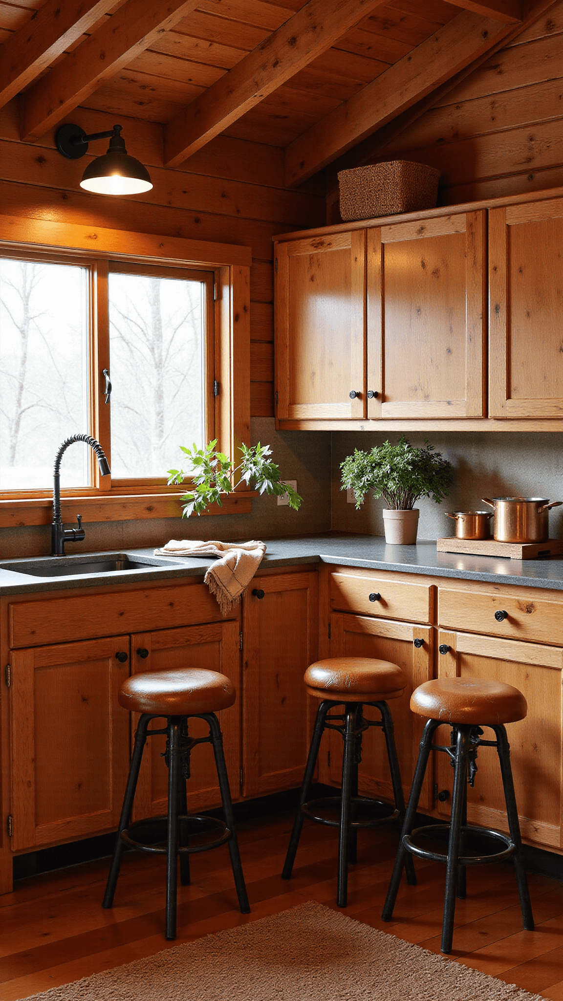 Rustic kitchen nook in a cozy cabin with hickory cabinets, bar stools, exposed wooden beams, vintage copper cookware, and warm lighting during golden hour.