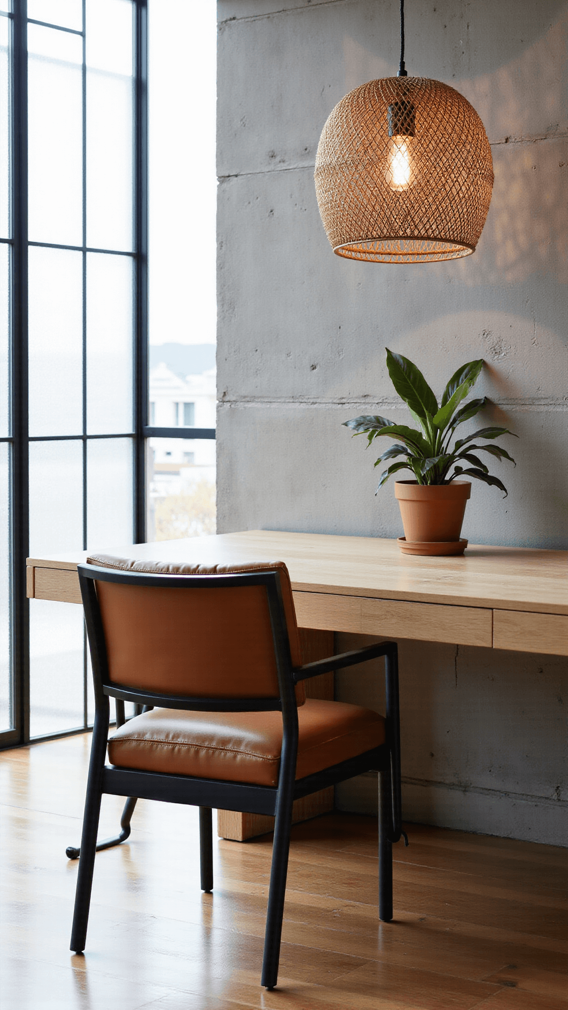 Modern home office featuring concrete accent wall, cognac leather chair with black steel, blonde wood desk, geometric pendant light, snake plant, and black metal window grid in mid-morning light.