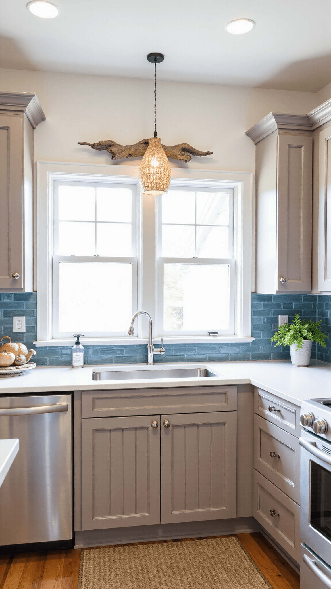 Bright and airy 16x18ft coastal casual kitchen with light taupe brown cabinets, white quartz counters, blue glass tile backsplash, woven pendant lights, and driftwood decor, bathed in midday sunlight diffused through sheer curtains.