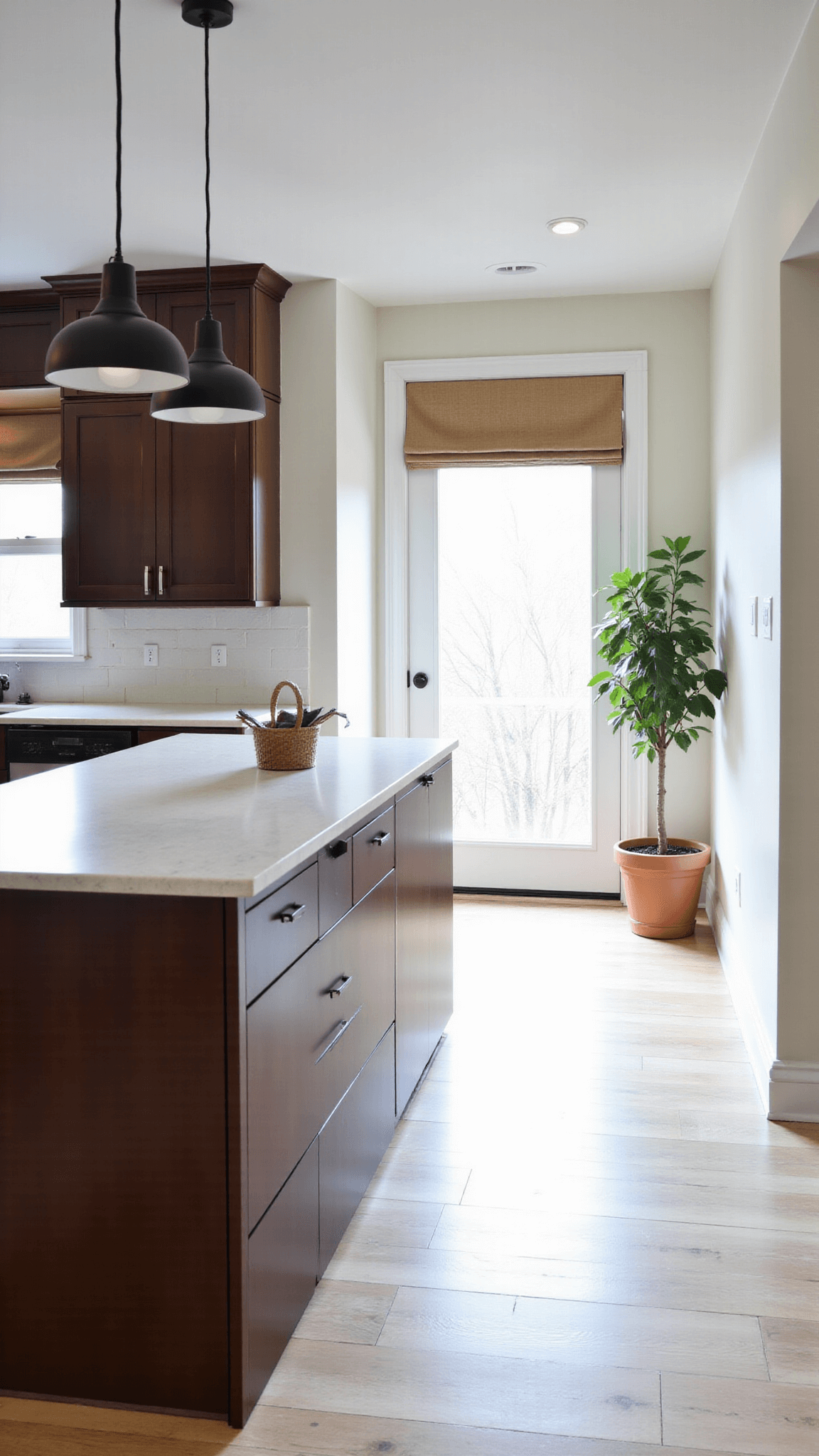 Scandinavian style kitchen with brown cabinets, white stone counters, and oak flooring with natural fiber Roman shades, black pendant lights, and a potted fiddle leaf fig, illuminated by morning light from vaulted ceilings.